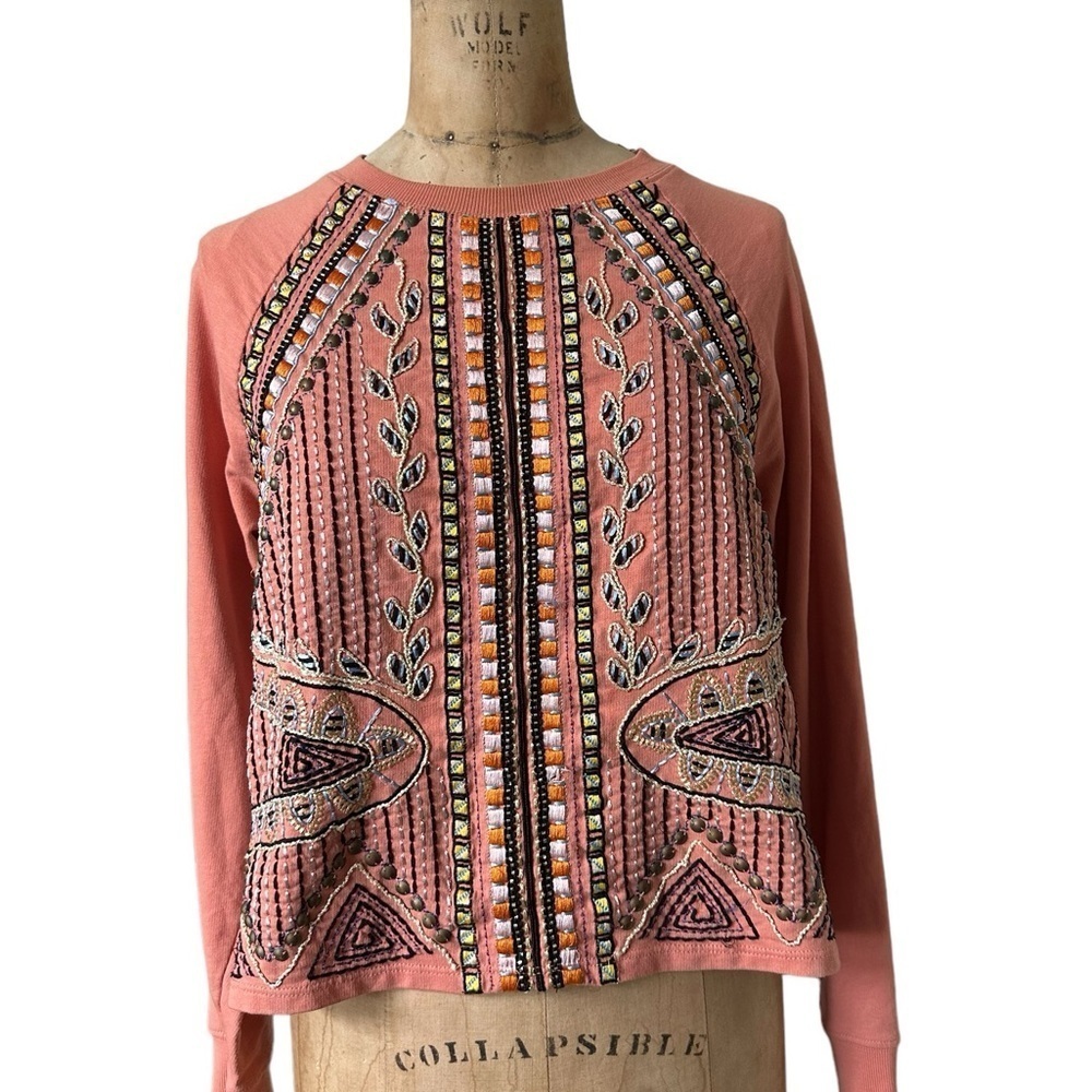 AKEMI + KIN Anthropologie Embroidered Crew Neck Sweatshirt Top Size XS